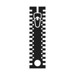 Black zipper with white pull tab and white circle detail on white background fastener closure