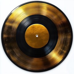 shiny circular vinyl record with black and gold alternating rings reflecting light on a white background
