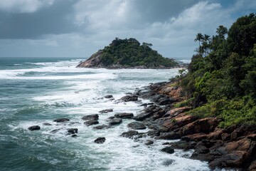 Coastal scene with crashing waves rocky shoreline and lush island under a cloudy sky