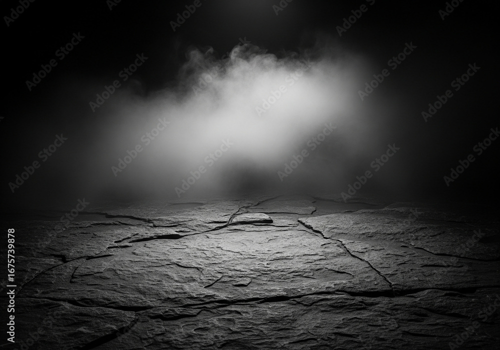 Poster Dramatic studio backdrop with stone floor and ethereal fog creating a mysterious atmosphere