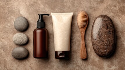 Natural spa products arranged on a textured surface, featuring bottles, a brush, and stones, creating a serene and minimalist aesthetic.