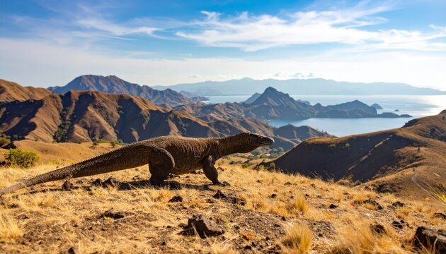 A Komodo dragon ambles across a parched hillside, distant islands and ocean fill the background.