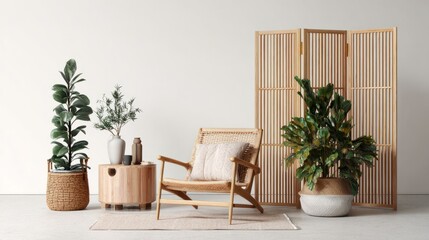 Minimalist home decor with natural wood folding screen, table accent, and green houseplants adding life to simple white wall