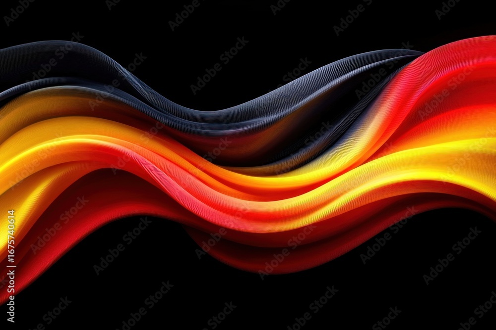 Poster flowing smooth ribbons of black, red, orange, and yellow colors intertwined on a dark background cre
