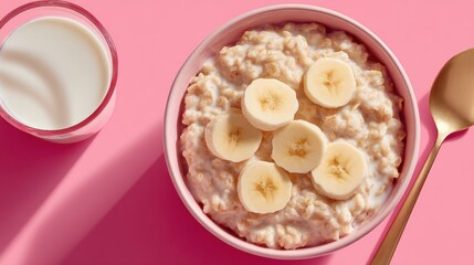 A light and healthy breakfast of oatmeal topped with banana slices, served with milk in a pink bowl.