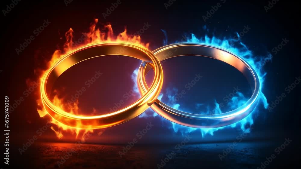 Poster two golden rings intertwined with flames and ice creating a vivid contrast against a dark textured b
