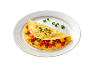 Delicious omelet filled with colorful vegetables and herbs served on a white plate isolated on transparent background