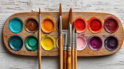 A wooden palette filled with vibrant watercolor paints and paintbrushes sits atop a weathered white surface.