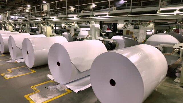 Production of white paper. Rolls of white paper. An A4 paper production machine