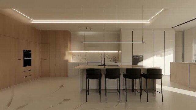 Minimalist modern kitchen with island and integrated appliances