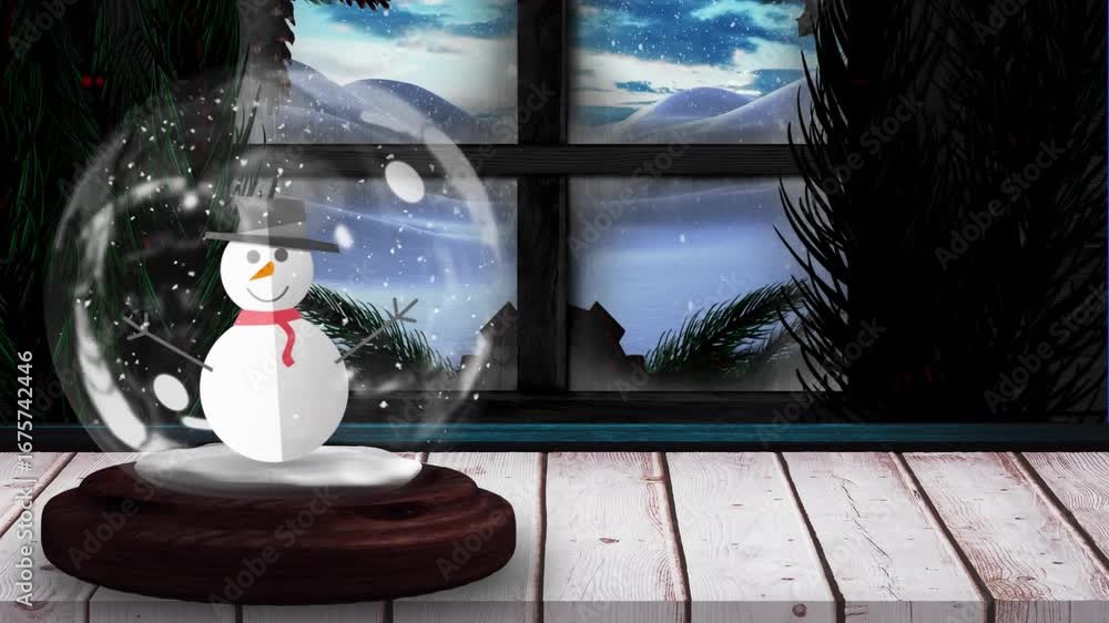 Poster animation of snowman in a snow globe against view of winter landscape from window frame
