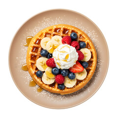 Top view of golden American waffles with berries, banana, whipped cream, and maple syrup on brownish white plate. Isolated on white or transparent background. PNG format.