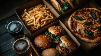 A selection of takeout food including burgers, pizza, and french fries, presented in cardboard boxes, with glasses of beer.