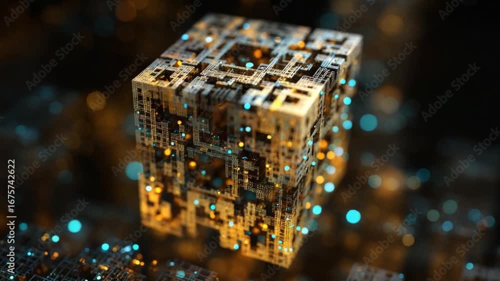 Poster technological cube in the abstract: a close-up shot of a detailed technological cube, radiating with