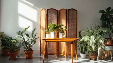 Stylish interior corner featuring natural wooden folding screen, clean table surface, and houseplants brightening white wall
