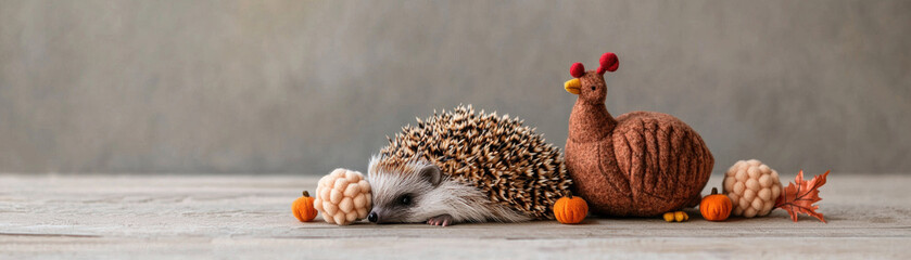 Obraz premium Hedgehog autumn pumpkin harvest cozy rustic cute holiday thanksgiving pet scene with hedgehog and turkey toy on wood, warm mood and gentle charm