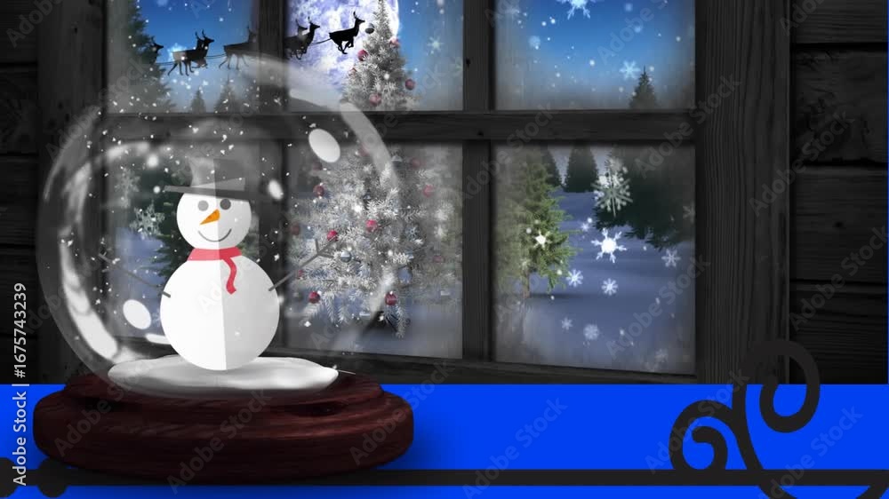 Poster animation of snowman in a snow globe against view of winter landscape from window frame