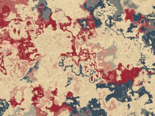 Textured abstract pattern with red, blue, and beige swirls.
