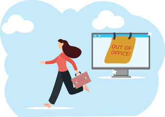Out of office notice message, vacation or holiday leave sticky on laptop, note or summer break announcement, email notification concept, businessman leave out of office message on computer laptop.