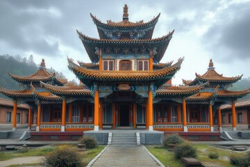 Naklejka premium Traditional ornate Asian temple with intricate multi-tiered roof and vibrant colors under cloudy sky surrounded by greenery