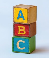 Three colorful wooden blocks stacked vertically with letters A, B, and C in bright primary colors on a plain light background conveying learning and childhood
