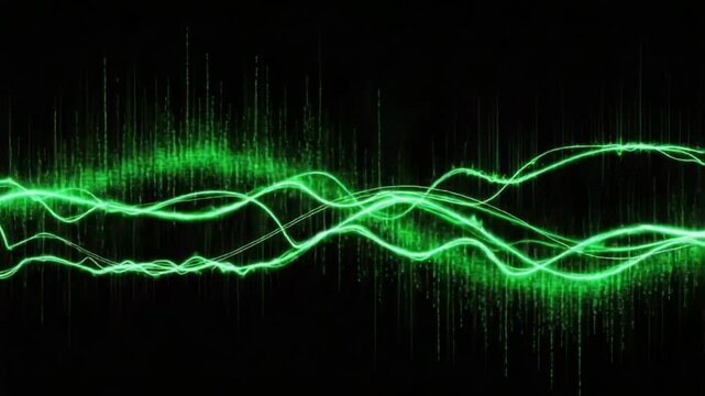 Abstract green waveform visualization against a black background, ideal for illustrating sound, energy, or technological concepts in design and presentations.