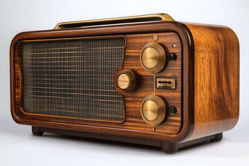 Wooden vintage style radio with brass dials and mesh speaker cover on white background, evoking nostalgic and classic atmosphere