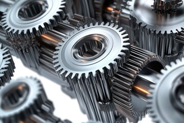Close-up view of interlocking shiny metallic gears with intricate teeth details reflecting light