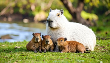 A mother capybara protectively watches over her three small, reddish-brown pups resting beside her.