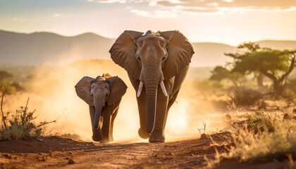 Obraz premium A mother elephant and her calf traverse the arid African savanna during a warm, golden sunset light.