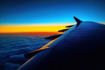 View of an airplane wing flying above a sea of clouds at sunset with vibrant orange and blue sky hues