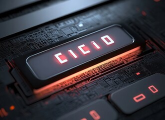 Close-up of a futuristic digital circuit board with glowing red letters forming the word CICIO on a black sleek chip under soft lighting