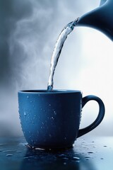 Close-up of steaming hot water being poured from a kettle into a blue ceramic mug with water droplets on the surface, creating a cozy and warm atmosphere