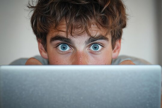 young person with wide blue eyes peeking over a laptop screen showing intense curiosity and focus