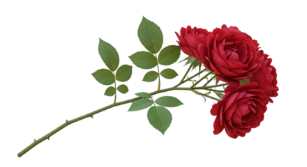 Delicate Red Roses on Thorny Stem Against Solid Transparent Background