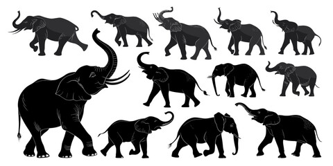 Naklejka premium Multiple black elephant silhouette in different poses and actions