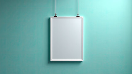 Blank white poster frame hanging on turquoise wall with clips