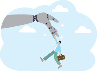 Working together with AI Artificial Intelligence, human cooperate with machine or robot, AI help or support coworker, assistance or partnership concept, businessman hand high five with robot hand.