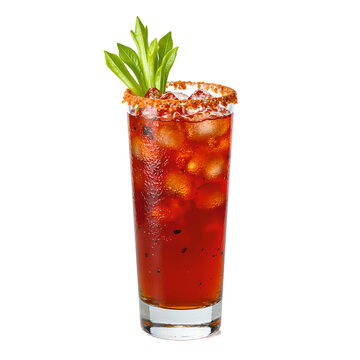 Refreshing and savory Bloody Caesar cocktail garnished with a celery stick and a salted rim in a tall glass against a pristine white backdrop, isolated