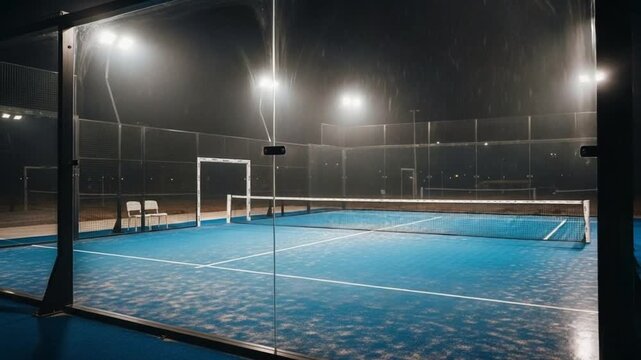Empty illuminated paddle tennis court at night showcasing the blue surface, net, and surrounding enclosure, suitable for sports, recreation, and leisure activities.