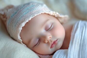 peaceful sleeping baby wearing a soft knitted hat resting on a cozy blanket with gentle natural light