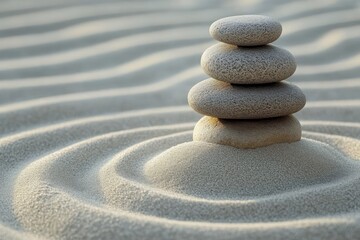Four smooth gray stones stacked in balanced formation on raked sand with concentric circular patterns evoking calm and meditation