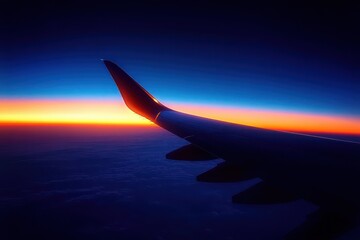 View of an airplane wing above clouds during a vibrant sunset with a gradient sky from deep blue to bright orange, evoking calm and awe