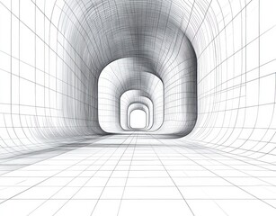 Empty white tunnel with smooth curved walls and ceiling, geometric grid lines emphasizing depth and perspective