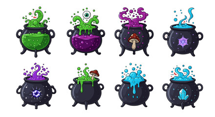 Collection of mystical cauldrons, each brimming with bubbling potions and magical ingredients. A visual treat for Halloween or fantasy themes. 