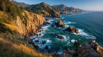 Coastal cliffs meet a vibrant blue ocean