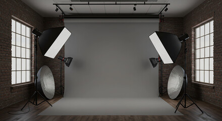 Professional Photo Studio Setup Grey Backdrop Lighting Equipment in Brick Loft.