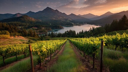 Vineyard vista at sunset over a lake, mountains