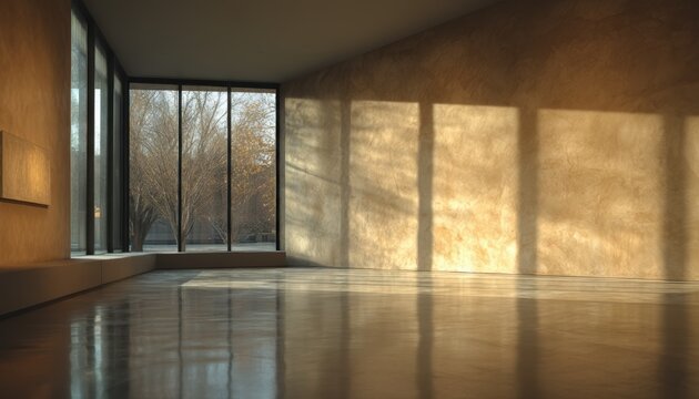Modern interior with large windows and warm sunlight, elegant art gallery backdrop for real estate marketing, architectural portfolio design


