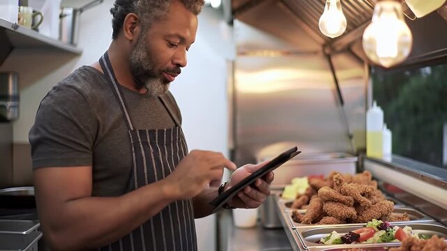 Man in Blue Striped Apron Using Tablet Inside Food Truck with Fried Food and Salad Under Warm Ambient Lighting